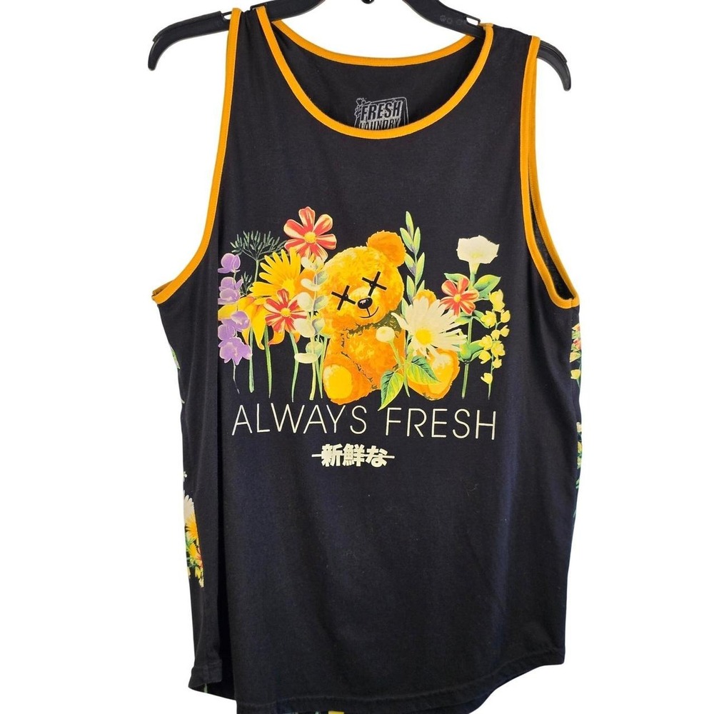 Fresh Laundry Always Fresh Floral Teddy Bear Graphic Tank Top Black Yellow Large